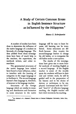 A study of certain common errors in English sentence structure as