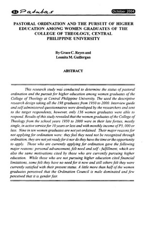 Pastoral Ordination And The Pursuit Of Higher Education Among Women Graduates Of The College Of Theology Central Philippine University